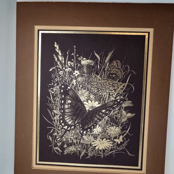 1981 Reproduction Paul M Breeden Metal Foil Art Butterfly 16x20 Gold Brown Matte - Picture 3 of 13
